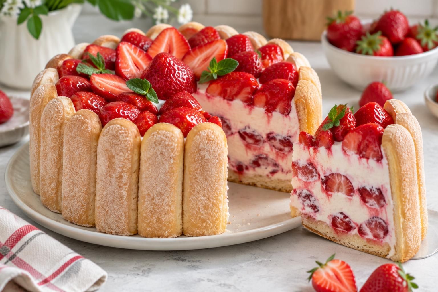 découvrez une charlotte aux fraises et au fromage blanc facile à préparer, légère et sans gélatine. une recette gourmande idéale pour le dessert.