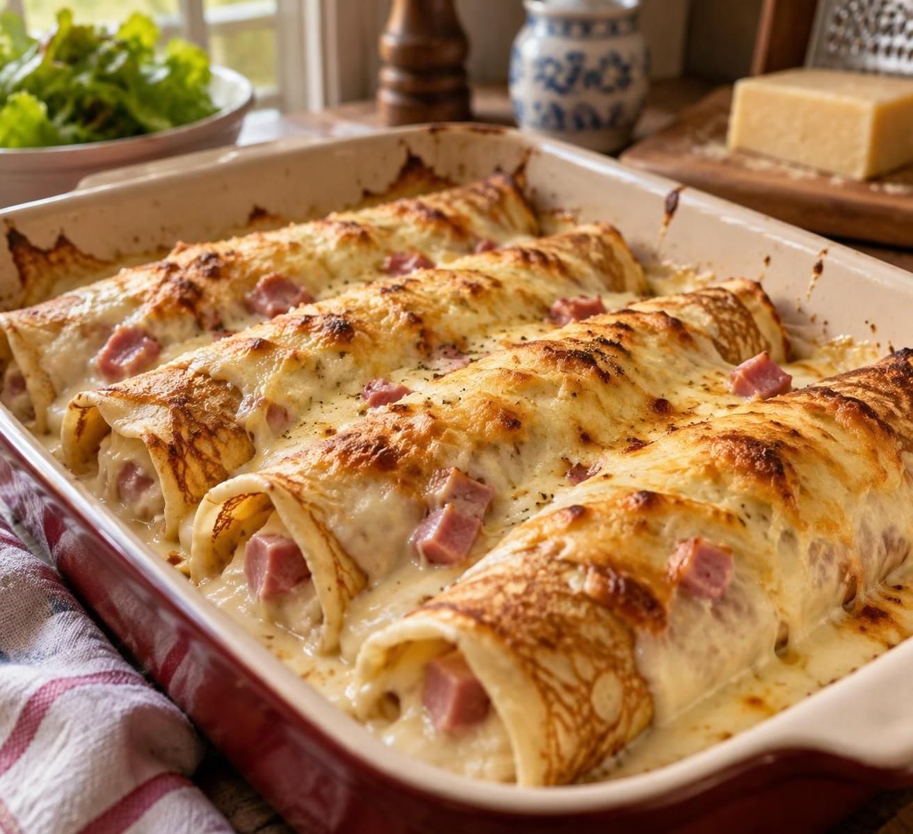 découvrez une recette facile de crêpes maison au jambon et au fromage, nappées d’une béchamel onctueuse et gratinées au four.