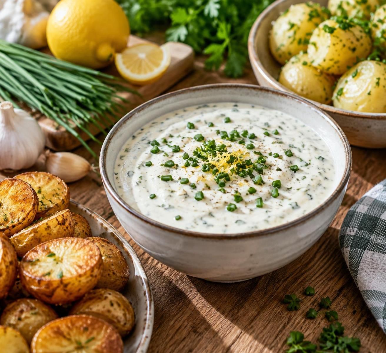 découvrez une sauce au fromage blanc onctueuse pour accompagner vos pommes de terre, relevée d’ail, de ciboulette fraîche et d’une touche de citron.