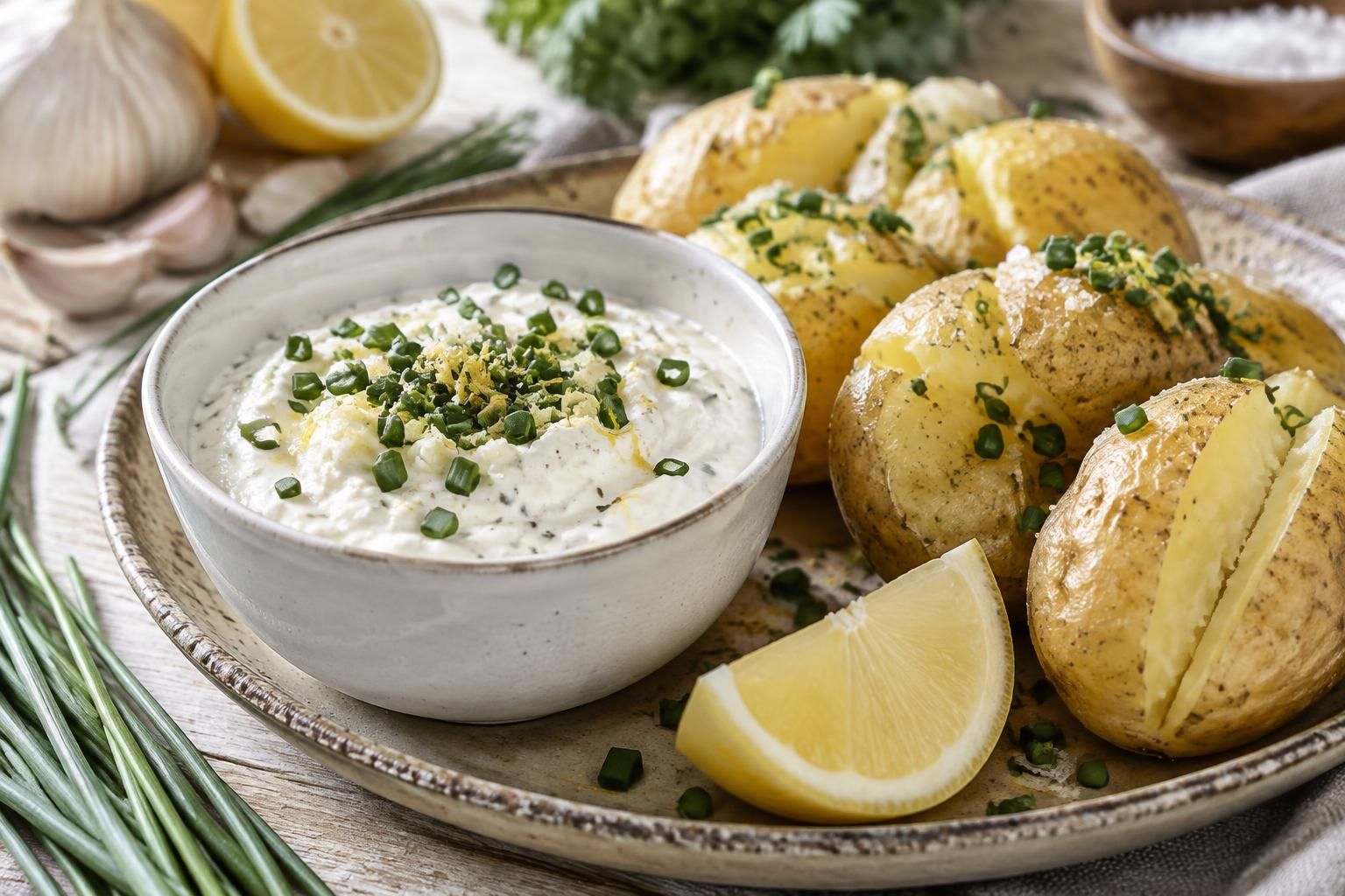 découvrez une sauce légère au fromage blanc pour pommes de terre, parfumée à l’ail, à la ciboulette et au citron. facile et rapide à préparer.